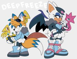1boy 1girl alternate_costume alternate_eye_color alternate_universe animal_ears animal_nose bat_ears bat_girl bat_tail bat_wings blue_eyes blue_eyeshadow boots breasts commentary creature english_commentary english_text eyeshadow fangs fox_boy fox_ears fox_tail from_side furry furry_female furry_male gloves highres makeup multiple_tails open_mouth pink_eyes rouge_the_bat simple_background smile sonic_(series) sonic_prime standing tail tails_(sonic) tenya_(lovelyntenya) two_tails white_background white_fur white_gloves white_hair wings wisp_(sonic) yellow_fur