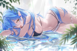1girl ahoge bikini blue_hair bratja breasts cleavage commentary double-parted_bangs frilled_bikini frills hair_between_eyes heart heart_ahoge highres hololive large_breasts long_hair looking_at_viewer lying multi-strapped_bikini_bottom multicolored_hair navel on_side pointy_ears smile solo streaked_hair string_bikini swimsuit thigh_gap tongue tongue_out very_long_hair virtual_youtuber wet yellow_eyes yukihana_lamy