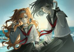 2girls absurdres alternate_costume backlighting blue_sky checkered_hairband dawn floating_hair grey_eyes grey_hair grey_sailor_collar grey_skirt grin hair_bun hairband hand_up highres holding_hands kk_kekong long_hair long_sleeves looking_at_viewer multiple_girls neckerchief ocean orange_hair outdoors red_neckerchief reverse:1999 sailor_collar school_uniform serafuku shirt short_hair single_side_bun skirt sky smile sonetto_(reverse:1999) sparkle sun two_side_up upper_body vertin_(reverse:1999) white_shirt