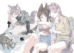 2girls animal_ears bang_dream! bang_dream!_it&#039;s_mygo!!!!! blue_eyes blue_shirt book brown_hair chihaya_anon chinese_commentary closed_eyes closed_mouth commentary_request commission dog_ears dog_girl dog_tail fang fox_ears fox_girl fox_tail grey_shorts hickey highres kemonomimi_mode lanserongjie long_hair multiple_girls nagasaki_soyo navel nipples open_book open_mouth pink_hair pussy second-party_source shirt shorts skin_fang spread_legs tail yellow_shirt