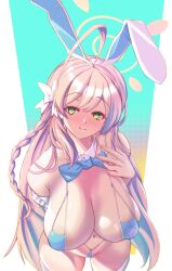 absurdres alternate_breast_size animal_ears bikini blue_archive bow bowtie breasts green_eyes hanako_(blue_archive) highres large_breasts looking_at_viewer micro_bikini nemojona pink_hair rabbit rabbit_ears slingshot_swimsuit string_bikini swimsuit