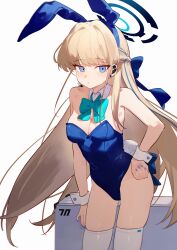 1girl absurdres animal_ears aqua_bow aqua_bowtie bare_shoulders blonde_hair blue_archive blue_eyes blue_hair blue_hairband blue_halo blue_leotard blue_nails bow bowtie breasts briefcase closed_mouth cowboy_shot detached_collar earpiece eco_376124 fake_animal_ears hairband halo hand_on_own_hip highres leotard long_hair medium_breasts microphone multicolored_hair playboy_bunny rabbit_ears simple_background solo streaked_hair thighhighs toki_(blue_archive) toki_(bunny)_(blue_archive) very_long_hair white_background white_thighhighs