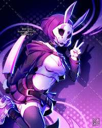 1girl absurdres alina_l animal_ears bandaid_on_thigh breasts buckle choker colored_skin heart heart-shaped_buckle highres holding holding_knife holding_weapon knife mask medium_breasts midriff neon_violet neon_white purple_hair rabbit_ears rabbit_mask shoes short_hair skirt sneakers solo thighhighs v weapon white_skin