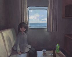 1girl black_hair black_pants blue_eyes bottle can collared_shirt cup curtains dot_nose drink_can expressionless glass_bottle grey_shirt highres horizon long_sleeves muji_(uimss) no_pupils ocean original pants ship_interior shirt sitting solo table window