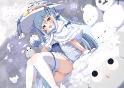 1girl absurdres bird blue_bow blue_eyes blue_hair blush bow capelet commission crescent crescent_hair_ornament dress dutch_angle fang fur_trim gloves hair_ornament hat hat_ornament heterochromia highres long_hair looking_at_viewer mittens open_mouth original panties pantyshot shiro9jira sitting skeb_commission skin_fang smile snow snowflakes snowman solo thighhighs underwear white_capelet white_hair white_panties white_thighhighs winter witch_hat yellow_eyes