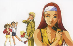 1980s_(style) 2boys 2girls age_difference alfred_izuruha alternate_universe bernard_wiseman blonde_hair blue_eyes breasts christina_mackenzie dating dorothy_(gundam) emblem flower formal_clothes good_end gundam gundam_0080 hairband key_visual mikimoto_haruhiko multiple_boys multiple_girls official_art oldschool promotional_art red_hair removing_eyewear retro_artstyle scan shorts size_difference suit sunglasses zeon