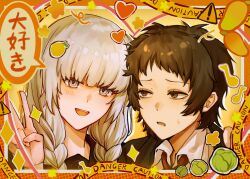 Rule 34 | 2girls, :d, adachi tooru, black hair, black jacket, black sailor collar, braid, brown eyes, cabbage, caution tape, chinese commentary, chinese text, collared shirt, commentary request, diamond (shape), fingernails, flower symbol, food, fruit, genderswap, genderswap (mtf), grey eyes, grey hair, hair over shoulder, halftone, halftone background, hand up, heart, highres, inset border, jacket, lemon, light blush, long hair, looking at another, looking at viewer, low twin braids, mango, multiple girls, musical note, narukami yu, open mouth, orange (fruit), orange background, outline, parted lips, persona, persona 4, persona 4 the golden, portrait, raised inner eyebrows, road sign, sailor collar, shirt, short hair, side-by-side, sidelocks, sign, smile, star (symbol), sweatdrop, teeth, twin braids, upper teeth only, v, white outline, white shirt, wing collar, xinjinjumin827309438066, yellow background