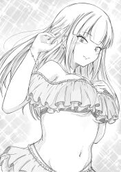 1girl absurdres azuminonomizua bare_shoulders bikini blunt_bangs blush breasts cleavage closed_mouth collarbone hair_between_eyes highres katou_asuka large_breasts long_hair looking_at_viewer navel sidelocks simple_background solo swimsuit watashi_ga_motenai_no_wa_dou_kangaetemo_omaera_ga_warui!