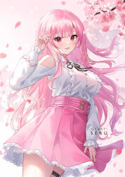 1girl breasts center_frills cherry_blossoms clothing_cutout collared_shirt flower frilled_shirt frills hair_flower hair_ornament hand_up high-waist_skirt hololive hololive_english lace lace-trimmed_skirt lace_trim long_hair long_sleeves looking_at_viewer mori_calliope mori_calliope_(kawaiiope) official_alternate_costume official_alternate_hairstyle pink_hair pink_skirt puffy_sleeves red_eyes sebu_illust shirt shirt_tucked_in shoulder_cutout sidelocks skirt solo thigh_strap virtual_youtuber white_shirt