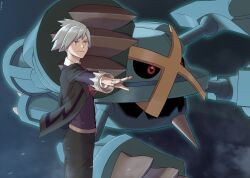 1boy absurdres closed_mouth commentary_request ddiyong.e gen_3_pokemon grey_hair highres jacket jewelry korean_commentary long_sleeves male_focus mega_metagross mega_pokemon metagross nintendo open_clothes open_jacket outstretched_arm pants pokemon pokemon_(creature) pokemon_oras purple_vest ring short_hair smile steven_stone vest