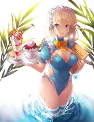blonde_hair blue_eyes blue_sweater bow bowtie breasts cleavage commentary copyright_request food hand_up highres holding holding_menu holding_tray legs_together looking_at_viewer maid_headdress medium_breasts menu parfait short_hair short_sleeves smile standing striped_clothes striped_thighhighs sweater thighhighs thighs tray wading water wookyung yellow_bow yellow_bowtie