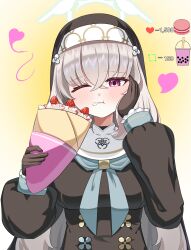 Rule 34 | 1girl, black dress, black gloves, black veil, blue archive, blue neckerchief, closed mouth, collar, cream, cream on face, crepe, crossed bangs, dress, food, food in mouth, food on face, gloves, grey hair, hair between eyes, hand on own face, highres, holding, holding crepe, holding food, looking at viewer, neckerchief, nun, purple eyes, sabnak66, sakurako (blue archive), solo, veil, white collar