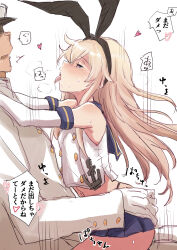 1boy 1girl admiral_(kancolle) blonde_hair blue_sailor_collar blue_skirt breasts commentary_request elbow_gloves from_side fuji_(pixiv24804665) gloves hetero highres kantai_collection long_hair miniskirt open_mouth pleated_skirt sailor_collar sailor_shirt shimakaze_(kancolle) shirt simple_background sketch skirt sleeveless sleeveless_shirt small_breasts sound_effects speech_bubble straddling tongue tongue_out translation_request upright_straddle white_background white_gloves white_shirt