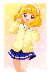 1girl :d arched_bangs artist_name bare_legs blonde_hair blue_skirt blush border brown_eyes buttons cardigan clenched_hand commentary cowboy_shot dress_shirt gradient_background hairband hands_up kise_yayoi knees_together_feet_apart kyanos_(b_0000ff) long_sleeves looking_at_viewer nanairogaoka_middle_school_uniform necktie open_mouth outside_border pink_background pleated_skirt precure school_uniform shirt short_hair signature skirt sleeves_past_wrists smile smile_precure! solo standing star_(symbol) star_symbol_background two-tone_background v white_border white_hairband white_shirt yellow_background yellow_cardigan yellow_necktie