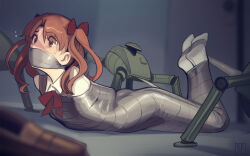 1girl artist_name blurry bound bow bowtie brown_eyes brown_hair brown_shoes brown_sweater_vest cad_(caddo) commentary duct_tape gag hair_bow improvised_gag loafers long_hair lying on_stomach red_bow red_bowtie robot school_uniform shirai_kuroko shirt shoes solo sweater_vest tape tape_bondage toaru_kagaku_no_railgun toaru_majutsu_no_index tokiwadai_school_uniform twintails unworn_shoe white_shirt