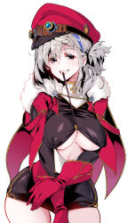 1girl alternate_costume blue_oath braid breasts cofepig french_braid fur-trimmed_jacket fur_trim gloves graf_zeppelin_(blue_oath) grey_hair highres jacket long_hair looking_at_viewer medium_breasts multicolored_hair open_mouth purple_eyes red_gloves smile solo white_background