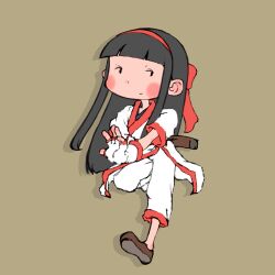 1girl ainu_clothes black_eyes black_hair breasts dot_eyes fingerless_gloves gloves hair_ribbon highres legs long_hair nakoruru outstretched_arm pants ribbon samurai_spirits small_breasts smile snk solo the_king_of_fighters thighs weapon
