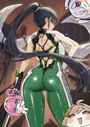 1girl anis_(nikke) ass back black_hair bodysuit cinderella_(nikke) closed_mouth commentary_request doro_(nikke) dorothy_(nikke) eve_(stellar_blade) from_behind gloves goddess_of_victory:_nikke green_bodysuit highres holding holding_weapon impossible_clothes long_hair looking_at_viewer looking_back ponytail sideways_glance sky-freedom stellar_blade tight_clothes very_long_hair weapon white_gloves