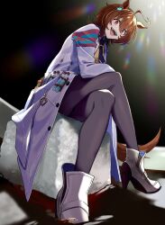 1girl agnes_tachyon_(umamusume) ahoge animal_ears black_necktie brown_hair chemical_structure cork crossed_legs earrings from_below hair_between_eyes high_heels highres horse_ears horse_girl horse_tail jewelry lab_coat lens_flare necktie qing_(sankakuosushi) red_eyes short_hair short_necktie single_earring sitting solo sugar_cube sweater sweater_vest tail test_tube twitter_username umamusume umamusume:_beginning_of_a_new_era white_footwear yellow_sweater yellow_sweater_vest