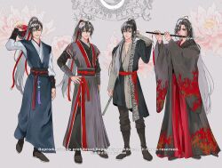4boys ahoge ankekkai arm_up black_boots black_hair black_hanfu black_robe blue_hanfu boots chinese_clothes closed_mouth dizi english_text floral_background flower flute full_body grey_background grey_eyes hair_between_eyes hair_down hair_ribbon half_updo hand_on_own_hip hand_up hanfu high_ponytail highres holding holding_flute holding_instrument holding_jar instrument jar knee_boots layered_sleeves long_hair long_sleeves looking_at_viewer male_focus modao_zushi multiple_boys multiple_persona official_alternate_costume official_alternate_hairstyle pants pants_tucked_in parted_bangs playing_flute ponytail red_eyes red_ribbon red_sash ribbon robe sash smile standing tassel transverse_flute tunic twitter_username very_long_hair watermark wei_wuxian wei_wuxian_(yiling_laozu) wide_sleeves yaopei
