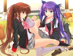 Rule 34 | 2girls, arm support, aroused, black jacket, black socks, blue eyes, blue ribbon, blush, boots, breasts, brown footwear, brown hair, cat, censored, cleavage, closed mouth, collared shirt, commission, day, dress shirt, eye contact, eyelashes, eyes visible through hair, feet, fingernails, frown, full body, grass, grey skirt, groin, hair between eyes, hair over shoulder, hair ribbon, highres, holding hands, interlocked fingers, jacket, leaning back, legs, little busters!, loafers, long hair, long sleeves, looking at another, miniskirt, mosaic censoring, multiple girls, natsume rin, navel, neck ribbon, no panties, off shoulder, open clothes, open jacket, open mouth, otou (otou san), outdoors, pink ribbon, plaid clothes, plaid skirt, pleated skirt, ponytail, profile, purple hair, pussy, pussy juice, red eyes, ribbon, sasasegawa sasami, school uniform, shiny skin, shirt, shoes, sidelocks, sitting, skeb commission, skirt, small breasts, socks, spread legs, tears, thighhighs, thighs, too many, too many cats, tribadism, twintails, undone neck ribbon, unworn boots, upturned eyes, variant set, very long hair, white shirt, white thighhighs, yuri