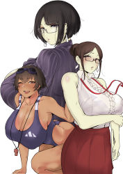 Rule 34 | 3girls, absurdres, arm support, arm under breasts, ass, bare shoulders, black hair, blazer, blue one-piece swimsuit, blush, breasts, brown hair, center frills, cleavage, collared shirt, dark-skinned female, dark skin, earrings, frills, goggles, goggles on head, grace (puzenketsu), hair bun, highres, huge breasts, id card, jacket, jewelry, long skirt, mature female, mole, mole under mouth, multiple girls, namhorm (puzenketsu), one-piece swimsuit, one eye closed, open mouth, original, parted bangs, pinstripe jacket, pinstripe pattern, purple eyes, puzenketsu, red skirt, shirt, short hair, sidelocks, single hair bun, skirt, sleeveless, sleeveless shirt, striped, sweat, swimsuit, teacher, waan (puzenketsu), whistle, whistle around neck, white background
