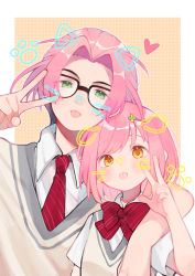 Rule 34 | 1boy, 1girl, :p, absurdres, animal ears, arm around shoulder, beige background, black hair, blush, bob cut, bow, bowtie, cat ears, collared shirt, colored tips, dog ears, drawn ears, drawn whiskers, fake animal ears, glasses, green eyes, habataki academy school uniform, hair ornament, hairclip, hand up, heart, height difference, highres, looking at viewer, multicolored hair, nanatsumori minoru, necktie, paki2000, parted bangs, paw print, pink hair, protagonist (tokimemo gs4), red bow, red bowtie, red necktie, school uniform, shirt, short hair, short sleeves, streaked hair, striped bow, striped bowtie, striped clothes, striped necktie, swept bangs, taking picture, tokimeki memorial, tokimeki memorial girl&#039;s side, tokimeki memorial girl&#039;s side 4th heart, tongue, tongue out, upper body, v, w, white shirt, yellow eyes