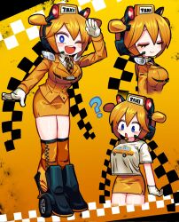 1girl blonde_hair blue_eyes commentary english_commentary gloves highres jacket looking_at_viewer multiple_views one_eye_closed original personification roller_skates salute satanmanse short_hair skates skirt taxi twintails white_gloves yellow_background yellow_jacket yellow_skirt