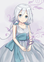 1girl breasts closed_mouth commentary_request dress female_focus flower highres looking_at_viewer medium_hair nier nier_(series) oki7 smile solo white_hair yonah