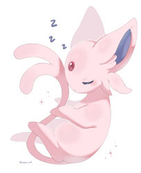 Rule 34 | absurdres, artist name, closed eyes, commentary request, espeon, forehead jewel, forked tail, gen 2 pokemon, highres, iwasi 29, nintendo, no humans, pink fur, pokemon, pokemon (creature), simple background, solo, sparkle, tail, white background, zzz