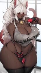 1girl absurdres animal_ears animal_nose bell black_gloves black_panties black_sclera black_thighhighs body_fur borrowed_character breasts brown_fur cleavage coco_(bakeneko) colored_sclera fingerless_gloves furry furry_female gloves highres huge_breasts jingle_bell long_hair looking_at_viewer mole mole_on_breast neck_bell original panties red_eyes red_gloves snout solo suurin_(ksyaro) sweat tail thick_thighs thighhighs thighs twitter_username two-tone_gloves underwear v white_hair