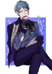 Rule 34 | 1boy, absurdres, blue hair, blue jacket, blue pants, blue shirt, commentary, crossed legs, diamond (gemstone), dress shirt, feet out of frame, floyd leech, grey eyes, heterochromia, highres, holding, jacket, jacket partially removed, lapels, long sleeves, looking to the side, male focus, pants, parted bangs, patterned clothing, sharp teeth, shirt, shu (oshigoto boshuuchuu), sideways glance, sleeve cuffs, solo, suit jacket, symbol-only commentary, teeth, twisted wonderland, upper teeth only, yellow eyes