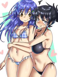 2girls absurdres bikini black_bikini black_eyes black_hair blue_bikini blue_hair breasts bright_pupils brown_eyes closed_mouth collarbone commentary cowboy_shot crossover date_a_live ebora folded_ponytail frilled_bikini frills genderswap genderswap_(mtf) heart highres hug hug_from_behind itsuka_shido itsuka_shiori kamijou_touma large_breasts long_hair looking_at_viewer multiple_girls navel plaid_bikini plaid_clothes small_breasts squiggle standing sweatdrop swimsuit teardrop toaru_majutsu_no_index wardrobe_malfunction white_pupils