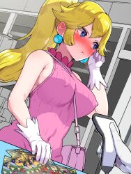 1girl 1other bare_shoulders blonde_hair blue_eyes blush boris_(noborhys) breasts convenience_store covered_erect_nipples covered_navel embarrassed gloves highres indoors large_breasts looking_to_the_side mario_(series) nintendo ponytail princess_peach ribbed_shirt shirt shop sleeveless sleeveless_shirt solo solo_focus white_gloves