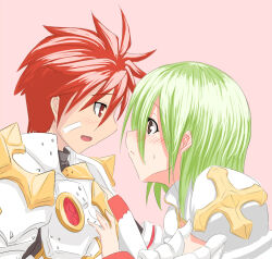 1boy 1girl arch_bishop_(ragnarok_online) armor bandaid bandaid_on_cheek bandaid_on_face blush brown_eyes chainmail commentary_request cross dress green_hair hetero looking_at_another nose_blush open_mouth pink_background profile rafoll ragnarok_online red_hair rune_knight_(ragnarok_online) short_hair simple_background spiked_hair spiked_pauldrons white_dress