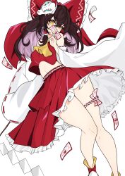 1girl absurdres ascot bare_shoulders bow brown_eyes brown_hair detached_sleeves frilled_skirt frills gohei hair_bow hair_tubes hakurei_reimu highres holding_ofuda mask mask_on_head midriff_peek navel nontraditional_miko ofuda red_bow red_shirt red_skirt ribbon-trimmed_sleeves ribbon_trim shirt simple_background skirt sleeveless sleeveless_shirt solo thigh_strap thighs touhou unanooo_(fthx7532) white_background wide_sleeves yellow_ascot
