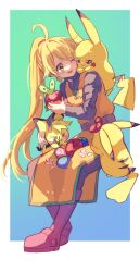 1girl ahoge animal_ears apple applin berry_(pokemon) black_sweater blonde_hair blush blush_stickers boots flower food fruit gen_1_pokemon gen_2_pokemon gen_8_pokemon gradient_background hair_flower hair_ornament highres holding holding_pokemon long_hair long_sleeves marutoko45 nintendo on_shoulder one_eye_closed open_mouth oran_berry pants pecha_berry petals pichu pikachu pokemon pokemon_(creature) pokemon_adventures pokemon_on_shoulder ponytail red_flower sitting sweater tail tunic yellow_(pokemon) yellow_eyes yellow_tunic