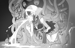 1girl all_the_way_through bare_shoulders beanie breasts cum_through dawn_(pokemon) female_focus gen_4_pokemon greyscale hair_between_eyes hair_ornament hairclip hands_up hat heart large_insertion legs_together long_hair looking_at_another looking_down miniskirt monochrome nintendo poke_ball_symbol pokeeti pokemon pokemon_(creature) pokemon_dppt puddle scarf shirt sidelocks skirt sleeveless sleeveless_shirt small_breasts sweat tangrowth tears tentacle_sex tentacles trembling vomiting_cum