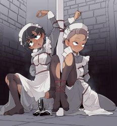 2girls apron bdsm black_hair black_pantyhose blue_eyes blush bondage bound breasts brown_hair censored dark-skinned_female dark_skin dildo dress grey_dress gundam gundam_gquuuuuux highres huge_dildo kanchana maid maid_headdress mosaic_censoring multiple_girls no_shoes open_mouth pantyhose purple_eyes pussy_juice restrained sakifox sex_toy shibari small_breasts tears torn_clothes torn_pantyhose vani_(gundam)