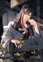 1boy against_railing ahoge alternate_costume artist_name bishounen black_hair black_hanfu blurry blurry_foreground branch brown_hair chinese_clothes chromatic_aberration closed_mouth coat coat_partially_removed commentary depth_of_field english_commentary folding_screen grey_eyes hair_ribbon hand_up hanfu head_rest high_ponytail highres implied_yaoi incense_burner leaf long_hair long_sleeves looking_at_viewer male_focus minataka94 modao_zushi off_shoulder open_clothes open_coat plant ponytail railing red_ribbon ribbon robe sidelocks sitting smile smoke solo upper_body watermark wei_wuxian white_coat wide_sleeves window_blinds