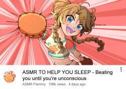 1girl :d blue_eyes boxing_gloves braid brown_gloves brown_hair double_bun emphasis_lines english_text gauze_on_arm gloves hair_bun hayde_ink incoming_attack incoming_punch long_hair looking_at_viewer low_twin_braids midriff navel open_mouth punching red_background reverse:1999 shirt short_sleeves smile solo spathodea_(reverse:1999) t-shirt teeth twin_braids twitter_username upper_body