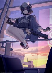 absurdres airport ar-15 black_choker black_hair blue_eyes choker cloud cloudy_sky facial_tattoo flat_chest gas_mask gloves gun highres load_bearing_vest looking_at_viewer magazine_(weapon) mask nusisring_tactical on_railing railing red_sandals rifle sandals shii_nana short_shorts shorts sky smile sunset tattoo two-tone_gloves vectorek watch weapon white_shorts