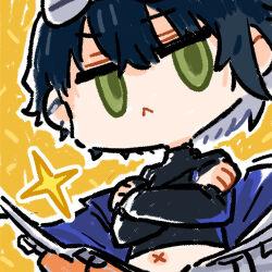 1boy :&lt; black_hair chibi chibi_only chinese_commentary crossed_arms cui_pi_zha_xia_qiu girls&#039;_frontline girls&#039;_frontline_neural_cloud goggles goggles_on_head green_eyes navel official_art second-party_source solo sparkle sueyoi_(neural_cloud)
