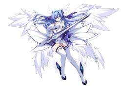1girl absurdres angel_wings bare_shoulders blue_eyes blue_hair boots breasts celestia_(kouyoku_senki_exs-tia) dress elbow_gloves feathered_wings full_body gloves hair_between_eyes hair_intakes hair_ornament head_wings high_heels highres holding holding_sword holding_weapon katsuragi_marina kouyoku_senki_exs-tia large_breasts long_hair looking_at_viewer multiple_wings solo sword tachi-e thigh_boots thighhighs transparent_background variant_set weapon white_dress white_gloves white_thighhighs white_wings wing_hair_ornament wings yuu_sagi zettai_ryouiki