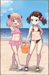 2girls absurdres ahoge anya_(spy_x_family) beach becky_blackbell bikini black_bikini blue_sky brown_hair brown_sandals bucket commentary day elementary_(lolipope) english_commentary flat_chest green_eyes hair_bobbles hair_ornament hairclip hairpods highres holding holding_bucket medium_hair multiple_girls navel ocean open_mouth outdoors pink_bikini pink_hair pointing pointing_at_viewer ruffle_bikini sandals side-tie_bikini_bottom sky spy_x_family standing star_(symbol) star_hair_ornament swimsuit teeth toes twintails upper_teeth_only white_sandals