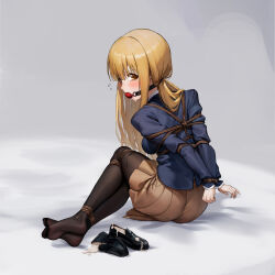 absurdres ball_gag bdsm black_pantyhose blazer blonde_hair bondage bound bound_arms bound_legs breasts brown_eyes collared_shirt cum_in_footwear drooling from_behind gag gagged highres jacket kumachi_(aikawaakeya) loafers long_hair otonari_no_tenshi-sama_ni_itsu_no_mani_ka_dame_ningen_ni_sarete_ita_ken pantyhose pleated_skirt restrained shibari shibari_over_clothes shiina_mahiru_(otonari_no_tenshi-sama) shirt shoes sitting skirt small_breasts soles very_long_hair white_shirt