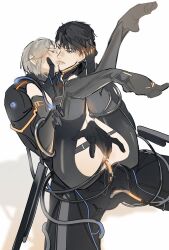 1boy 1girl ass black_hair brown_eyes bulge caleb_(love_and_deepspace) couple cyborg fingering french_kiss grabbing_another&#039;s_hair grey_eyes grey_hair hand_on_another&#039;s_back height_difference hetero highres kiss legs_up loneroad_unreturned_caleb love_and_deepspace lrrcakie no_panties official_alternate_costume on_lap open_mouth protagonist_(love_and_deepspace) pussy_juice short_hair simple_background tongue tongue_out white_background