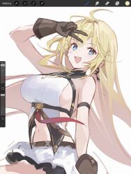 1girl :d ahoge art_program_in_frame bare_shoulders blonde_hair blue_eyes blush breasts brown_gloves commentary cowboy_shot crescent crescent_earrings earrings gloves highres jewelry large_breasts looking_at_viewer miniskirt navel noya_(stella_sora) open_mouth procreate_(medium) shirt sideboob sideless_shirt simple_background skirt sleeveless sleeveless_shirt smile solo soybean_(hisoybean) stella_sora teeth unfinished upper_teeth_only v v_over_head white_background white_shirt white_skirt