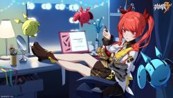 1girl boots brown_boots brown_shorts brush computer drone frederica_nikola_tesla hair_between_eyes highres honkai_(series) honkai_impact_3rd indoors jacket lamp laptop legs_up lights lipstick long_hair looking_at_viewer makeup mechanical_arms mirror nail_polish official_art red_eyes red_hair red_nails shorts single_mechanical_arm sitting table vase white_jacket