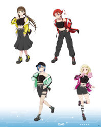 4girls artbook baseball_cap belt black_pants black_shorts black_skirt blonde_hair blue_eyes blue_hair breasts brown_hair crop_top fishnets full_body green_eyes green_jacket grin hair_between_eyes hair_ornament hairclip hand_on_own_hip hat highres jacket long_hair looking_at_viewer love_live! love_live!_superstar!! midriff multicolored_hair multiple_girls nail_polish navel non-web_source off_shoulder official_art onitsuka_natsumi orange_eyes pants pink_eyes pink_jacket ponytail red_hair red_jacket sakurakoji_kinako shoes short_hair shorts skirt smile sneakers socks standing strapless tube_top twintails wakana_shiki yellow_jacket yoneme_mei
